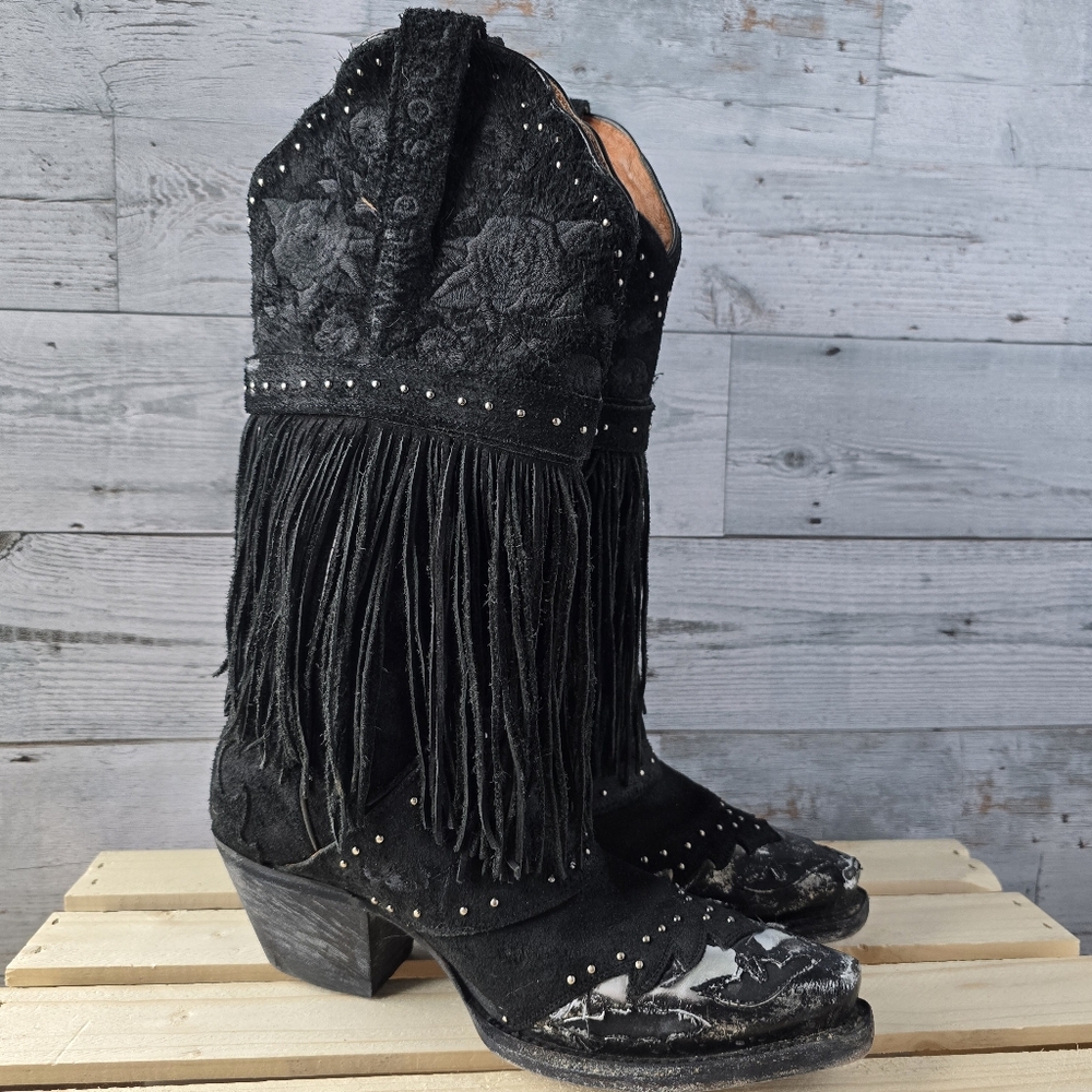 Dan Post Mid Calf Suede Leather Fringe Western Black Boots Size 6